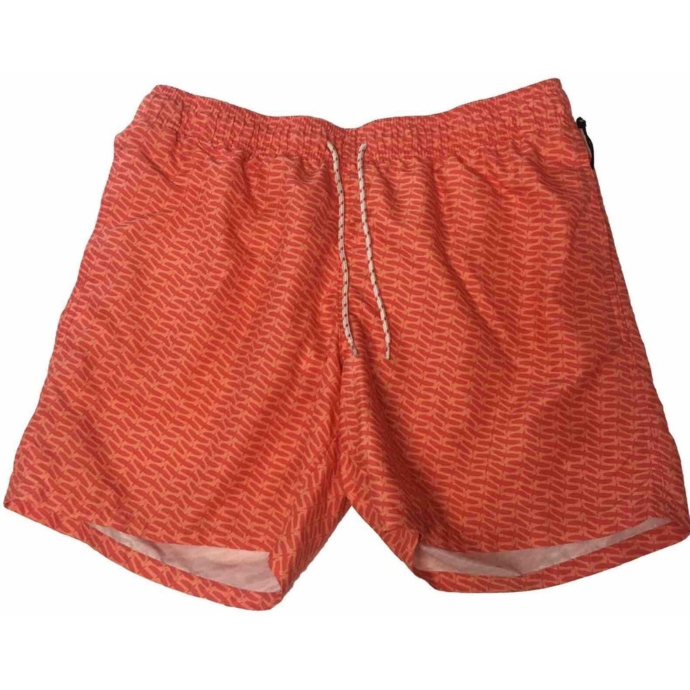 Mens Large Swim Trunks Orange Patterned Lined Swim Shorts Elastic Waist NEW